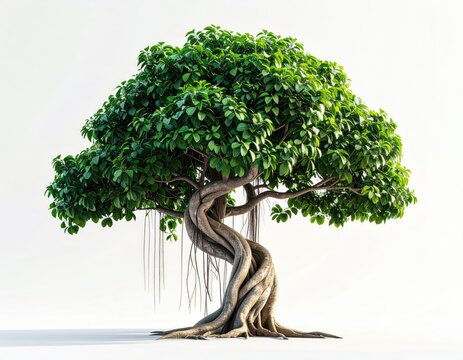 A lush, twisted-trunk tree with hanging roots, against white