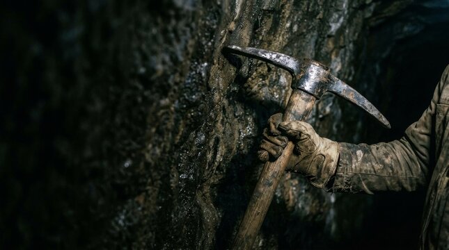 A dirty hand holding an old rusty pickaxe against a dark rocky cave wall.