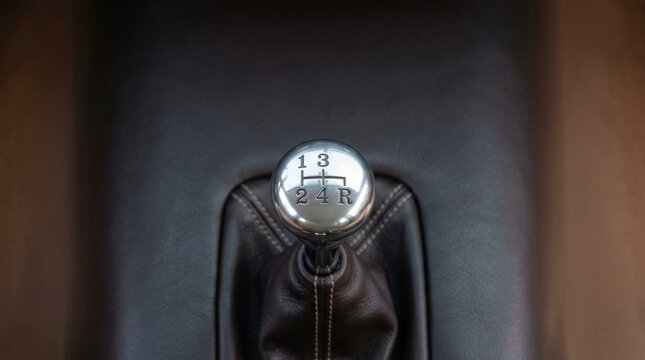 Manual Transmission Gear Shift Lever in Luxury Car Interior.