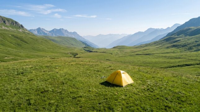 A solitary yellow camping tent set in a vast green alpine valley surrounded by majestic mountains.