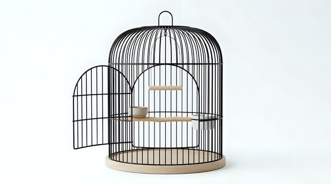 Empty decorative bird cage with open door isolated on white background birdcage decorative ornamental