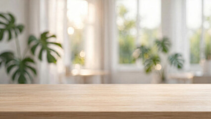 Fototapeta premium Bright Empty Light Oak Table Surface Focus Blur Indoor Tropical Monstera Plant Window Mockup
