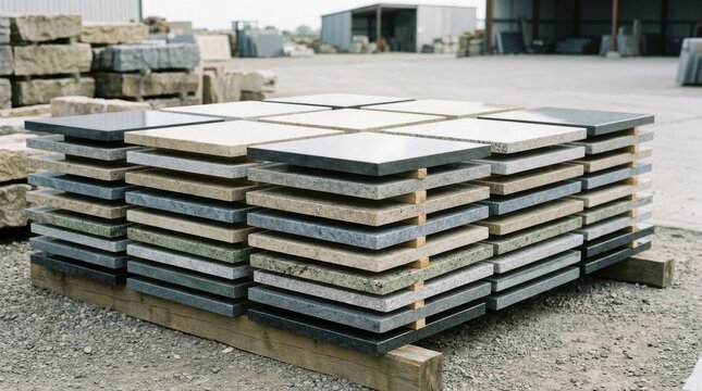 Stacked Stone Slabs on Wooden Pallet at Construction Site.