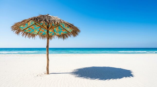 A single tropical straw umbrella on a pristine white sand beach with clear blue sea.