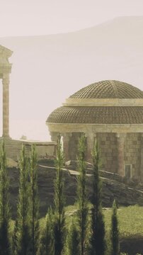 Majestic ancient structures rest amidst lush greenery under a warm golden sky. The ruins tell a story of history, beauty, and nature harmoniously intertwined.