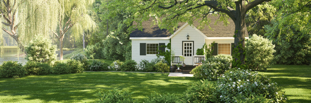 Cozy white cottage house surrounded by lush green forest garden