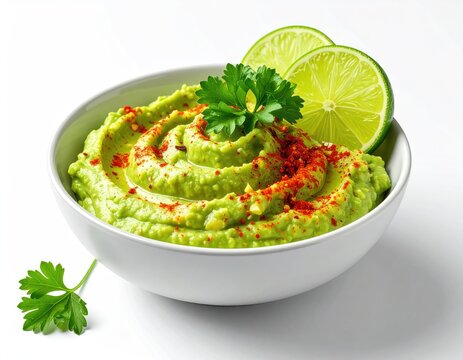 Creamy green dip swirled in bowl with lime wedges & parsley