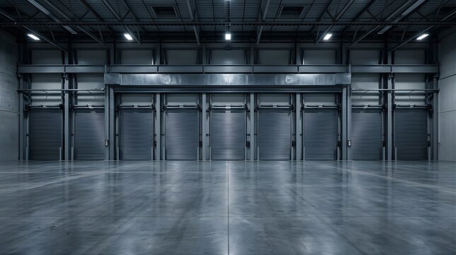 Empty warehouse interior with multiple closed rolling shutter doors