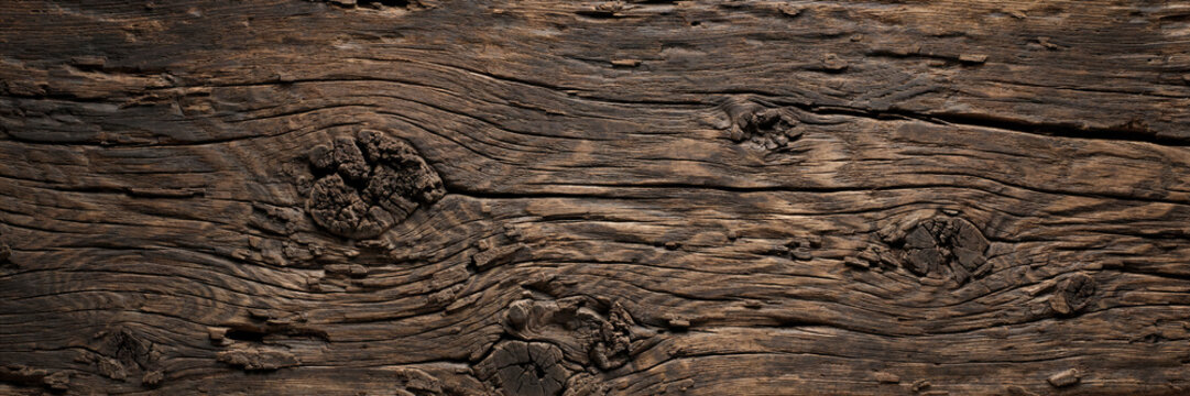 Close up photo raw rustic dark oak wood planks showing detailed natural grains knots background template
