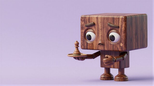Wooden robot holds chess piece on plate, standing against soft purple background.