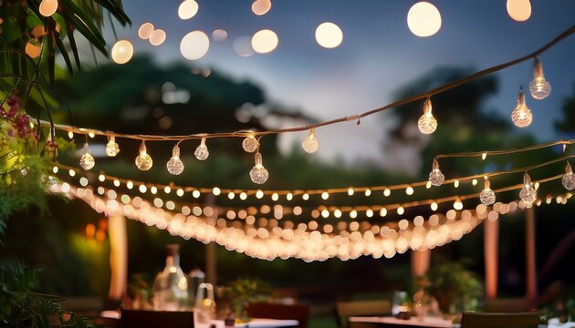 blurred background of twinkling string lights and decor at a garden party during the evening