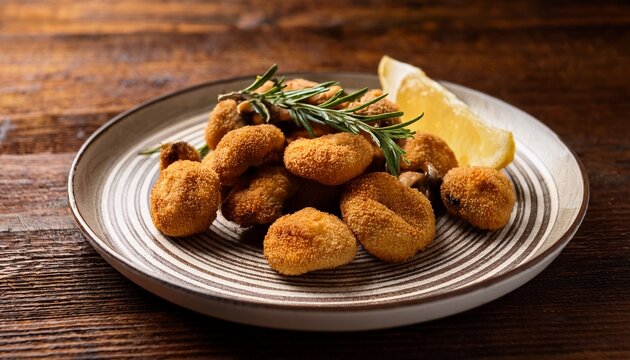 crispy breaded fried mushrooms appetizer serving on a plate with fresh rosemary and lemon wedge perfect vegetarian snack or side dish on a wooden table
