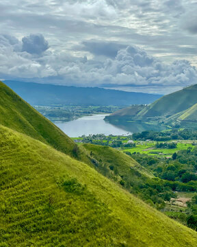 Dramatic Panoramic Landscape Over Lake Toba Valley in North Sumatra.