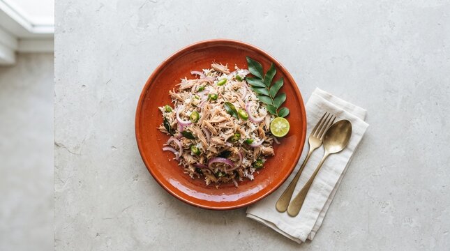 Maldivian mas huni smoked tuna flat lay food photography image