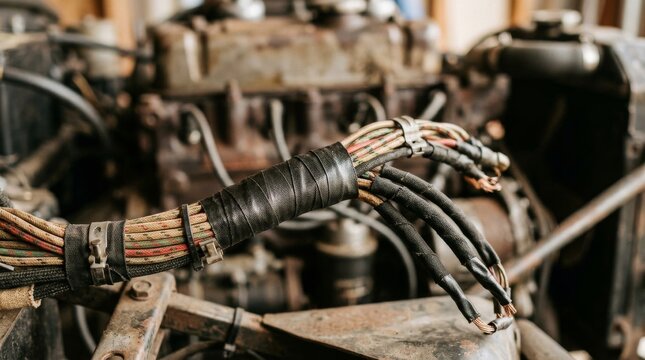 Old vintage car engine wiring harness repair and maintenance.