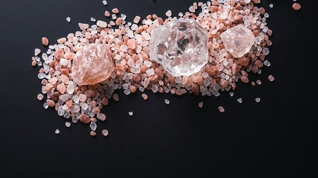 Pink salt crystals and large rock salt chunks on black background