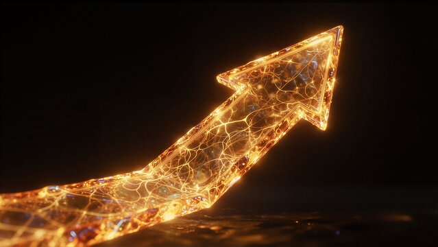Golden arrow glowing with energy, symbolizing growth and progress against dark background.