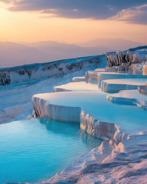 Stunning Natural Hot Springs Cascading into Blue Pools at Sunset