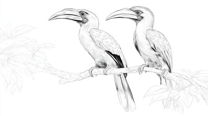 Obraz premium Detailed Line Art of Two Hornbills Perched on a Branch