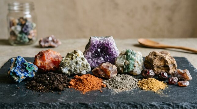 Raw Gemstones and Crushed Mineral Powders on a Slate Surface.