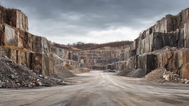Rocky quarry site with dirt road and tall cliffs