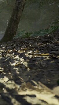 Golden rays of sunlight pierce through the canopy, creating a warm glow on the earthy ground covered with colorful fallen leaves. The tranquil forest ambiance invites peaceful reflection.
