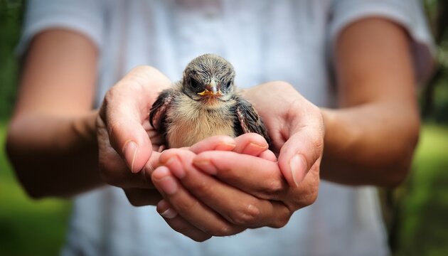 hands holding small bird fledgling