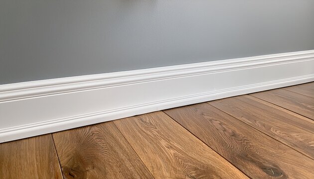 stunning photo of close up of white decorative baseboard on a light gray wall and natural wood floor