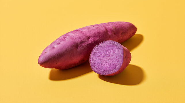 Ube Sweet Potato Whole and Half Cut on Yellow Background with Copy Space, Minimal Modern Design