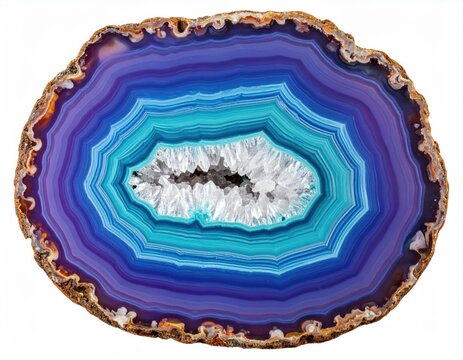 Sliced agate geode reveals concentric bands of blue, purple, and white crystals