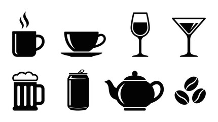 Fototapeta premium Collection of Beverage Icons: Coffee, Tea, Wine, Beer, Martini, Soda, Beans