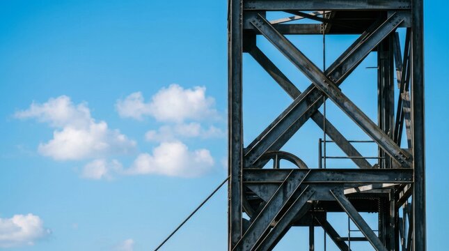 Old rustic steel mine shaft headframe tower structure against a clear blue sky.