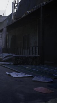 Shadows dance in a deserted alley as crumpled papers lie on the cold ground. The empty surroundings create an eerie atmosphere that invites exploration and curiosity.