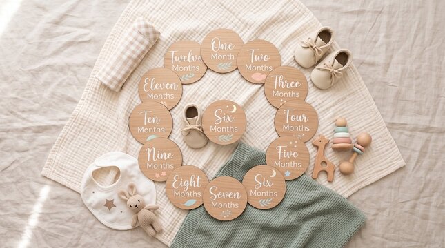 A charming flat lay of natural baby keepsakes and monthly milestone markers, thoughtfully arranged on a soft blanket to celebrate a child's precious first year journey