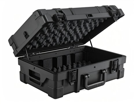 Rugged black case with foam interior, latched open, ready for protection