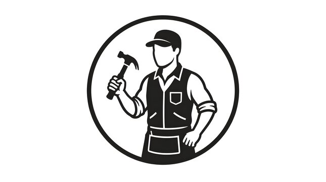 Handyman holding a hammer icon. Construction worker logo design in a circular frame.
