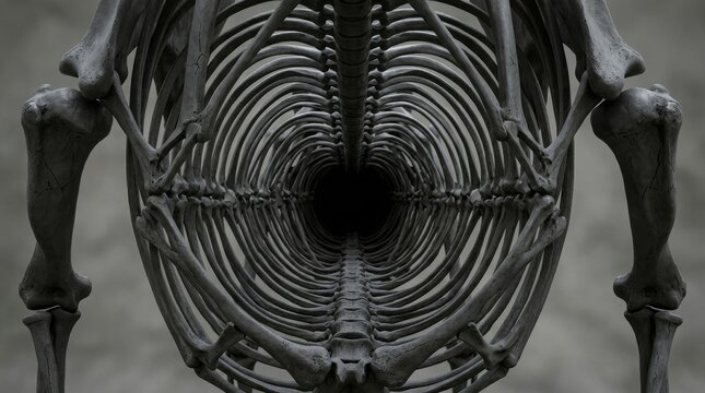 Surreal digital art composition featuring a dark ribcage tunnel.