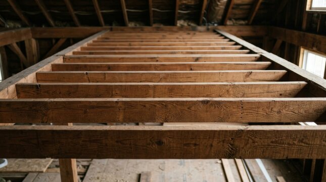 Unfinished attic floor joists construction in an old house.
