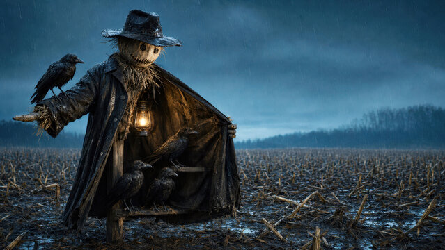 Halloween Scarecrow Sheltering Crows from the Rain in a Harvested Field, Symbolizing Protection, Empathy, Refuge and Unexpected Friendship