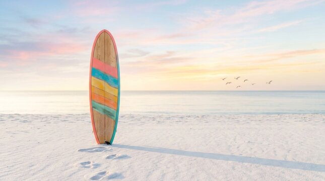 A colorful surfboard standing upright on a serene sandy beach at sunset.