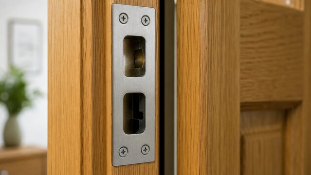 Reinforced strike plate secured with long screws in a door jamb