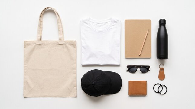 Flat lay display of everyday essentials for travel and daily use