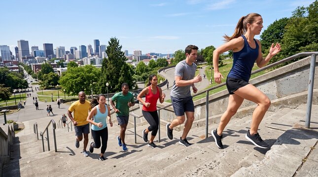 Diverse group of individuals jogging up stairs in a city environment