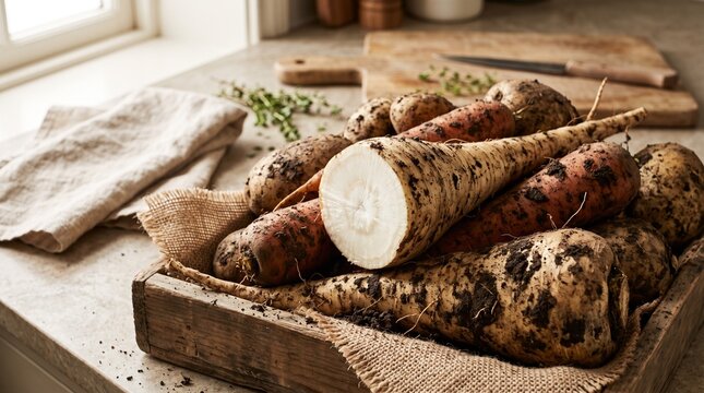 Harvested root vegetables displayed on a rustic kitchen table