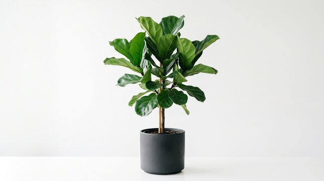 Indoor fiddle leaf fig plant in minimalist pot on white table