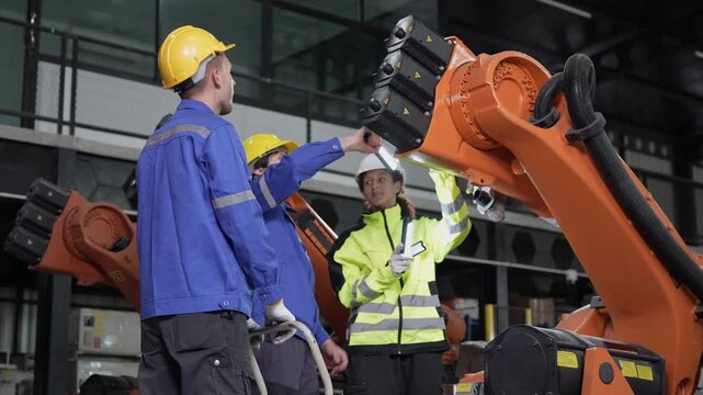 Engineers and technician working with robotic arm in factory, Team of industrial workers inspecting automated machine in plant, Colleagues collaborating on robotic equipment maintenance in warehouse
