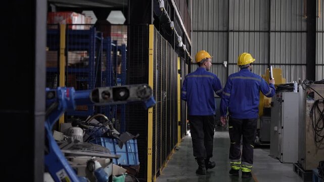Engineers walking in warehouse with flashlight and tablet, Male workers team inspecting industrial plant holding digital device, Technicians collaborating on facility inspection in warehouse	