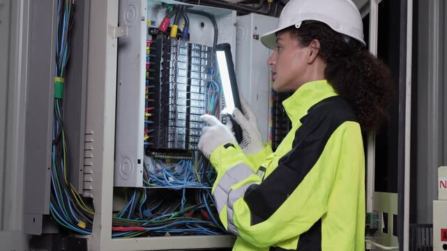 Female technician with flashlight inspecting electrical panel in factory, Woman engineer checking circuit breaker box in warehouse plant, Worker maintaining electrical system in industrial facility