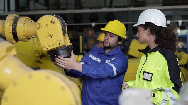 Team of engineers inspecting robotic arm with tablet in factory, Male and female technicians checking automated robot machine, Workers collaborating on industrial robotic equipment in plant