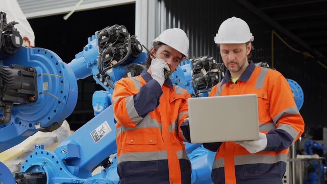 Engineers in safety gear inspecting robotic arm with laptop, Industrial technicians maintaining robot arm in warehouse factory, Professional maintenance of heavy robotic equipment by technical staff